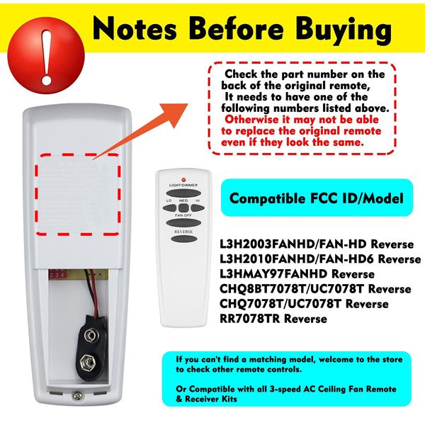 Ceiling Fan Remote Control Replacement for Hampton Bay Hunter UC7078T CHQ7078T CHQ8BT7078T L3H2003FANHD Fan-HD Fan-HD6 RR7078TR, with Reverse