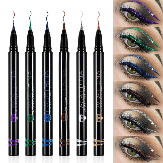 DE'LANCI Glitzer Eyeliner Set, 6 Farben Schimmer Flüssiger Eyeliner Wasserfest, Hochpigmentierter Metallic Satin Bunt Funkelnder Eyeliner Stift, Langanhaltende Schnelltrocknende Wischfeste Formel