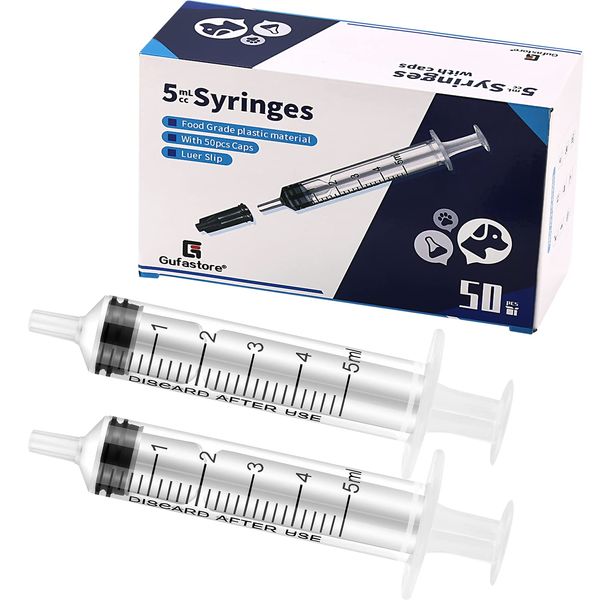 Gufastoe Pack of 50 5 ml Syringe with Protective Caps for Industrial or Animal Feed