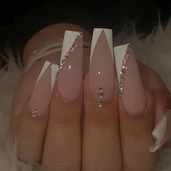 24 PCS White Long False Nails,Glossy French Tip Press on Nails Ballerina Fake Nails Full Cover Coffin Nails with Rhinestones Design for Women and Daily Decoration