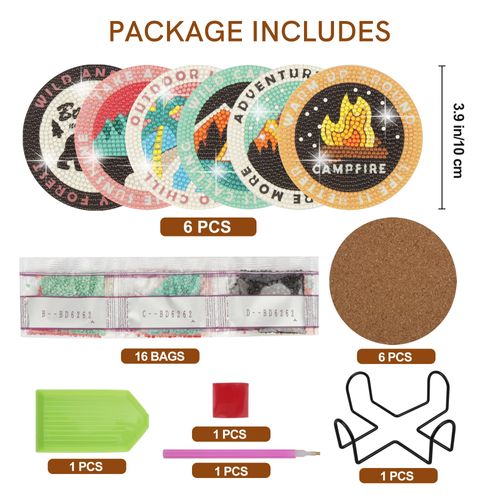Temlum 6 Pcs Diamond Painting Coasters with Holder, DIY Outdoor Camping Coasters Diamond Art Kits for Beginners, Adults Small Diamond Painting Art Craft Supplies