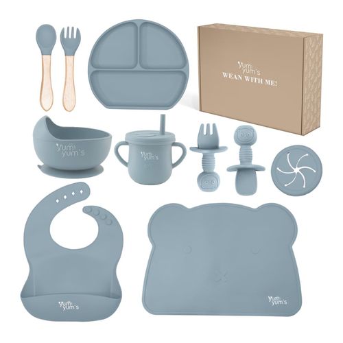 Yum Yum's Baby Weaning Set – includes Toddler Water Bottle, Suction Cups, Suction Bowl, Spoon, Fork, Baby Plate & More - Ideal Baby Feeding Set & Baby Gifts & Present - 10 Pieces (Blue)