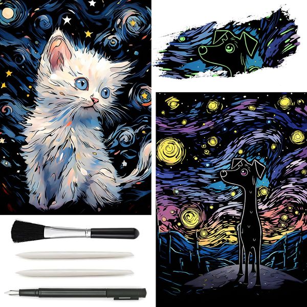 AP ARTSPER 2 Pack Night Glow Scratch Art Rainbow Painting Paper, Magic Glow-in-The-Dark Scraping, Van Gogh Style Creative Craft Set, Fun DIY Toy Sketch Card Scratchboard for Kids, Adults (Dog/Cat)