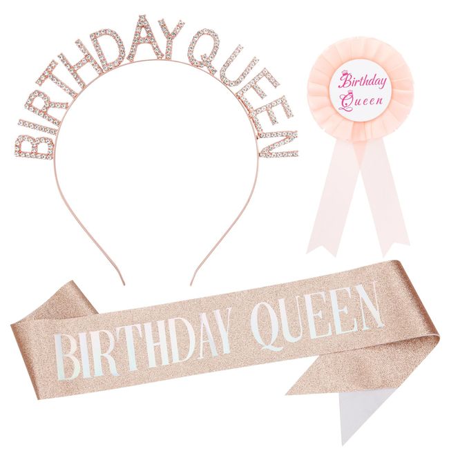 Birthday Crowns for Women, Rose-Gold Birthday queen Sash & Rose Gold Women's Birthday Hair Bands and Birthday Corsage Set, Queen Rhinestone Birthday queen Headband Birthday Gifts for Women, Sweet