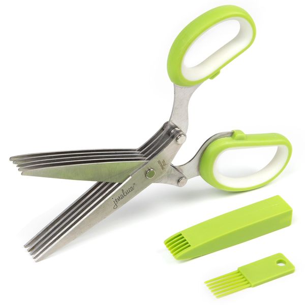 Jenaluca Herb Scissors with 5 Blades and Safety Cover - Salad Scissors - Cut, Chop & Mince Fresh Herbs & Leafy Greens - Stainless Steel Kitchen Shears with Cleaning Comb - Cool Kitchen Gadgets (Green)