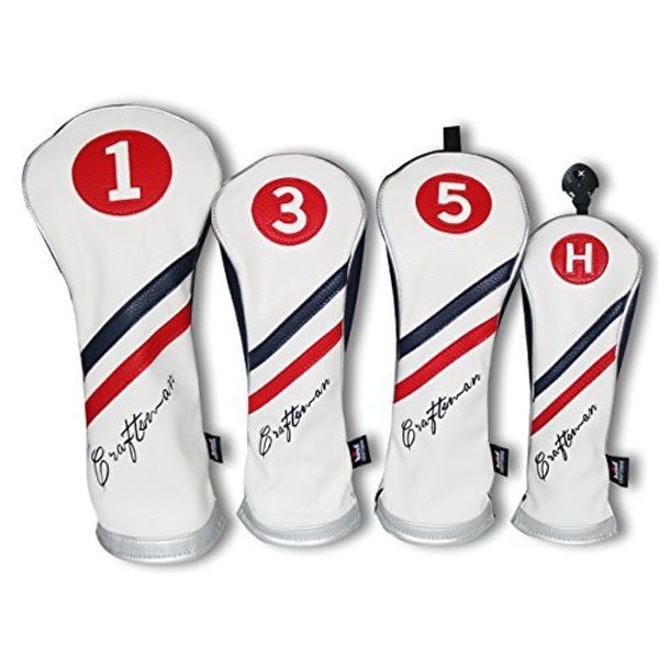 Craftsman Golf White Blue Red Pu Leather Diagonal Stripes Driver/Fairway Wood/Hybrid Headcover #1#3#5 H for All Brands Callaway Big Bertha Cobra Taylormade Ping Mizuno Etc.(4pcs (1,3,5,H))