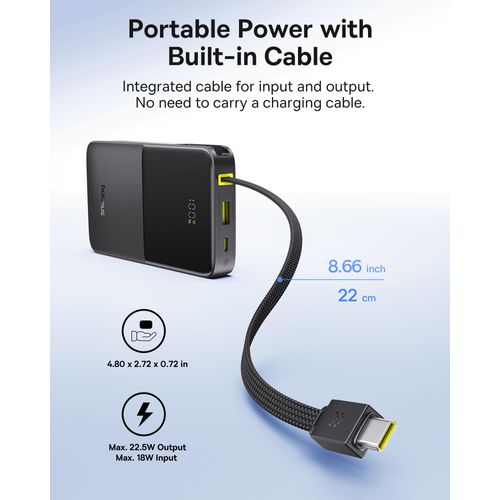 Baseus Portable Charger, 22.5W PD Fast Charging 10000mAh Power Bank, Built-in Braided USB C Cable Battery Pack, Travel Essentials Portable Phone Charger for iPhone 16 Pro, iPad,S25/S24 etc