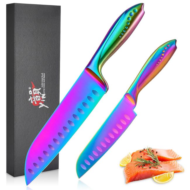 Rhyme yin Santoku Knife Set, Small Santoku Knife, 2 Pieces, Double-Edged, All Stainless Steel, Titanium Coating, Dishwasher Safe, Multipurpose Knife, Left-Handed Knife, Bread Knife, For Cutting Meat,