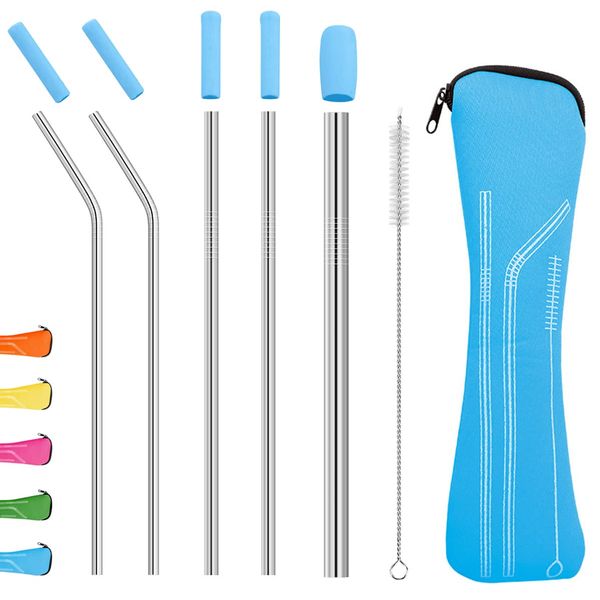 Uoking Metal Straw, 5 Pack Stainless Steel Straws Friendly Drinking Reusable Straw with Silicone Tips Cover & 1 Cleaning Brushes (Blue)