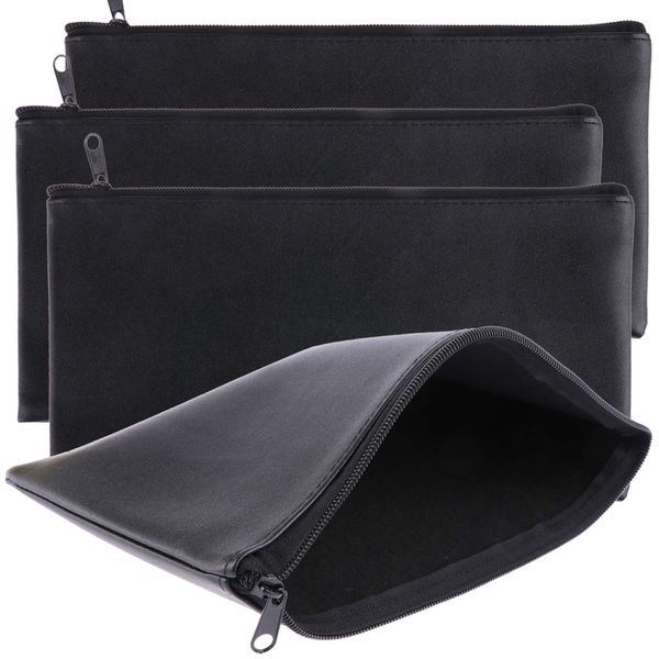 Tongnian Bank Bag Money Pouch Leatherette Security Deposit Bags Utility Zipper Bags for Cash Money,Check Wallet,Cosmetics,Tools, 11x 6 inch 4 Pack (Black)