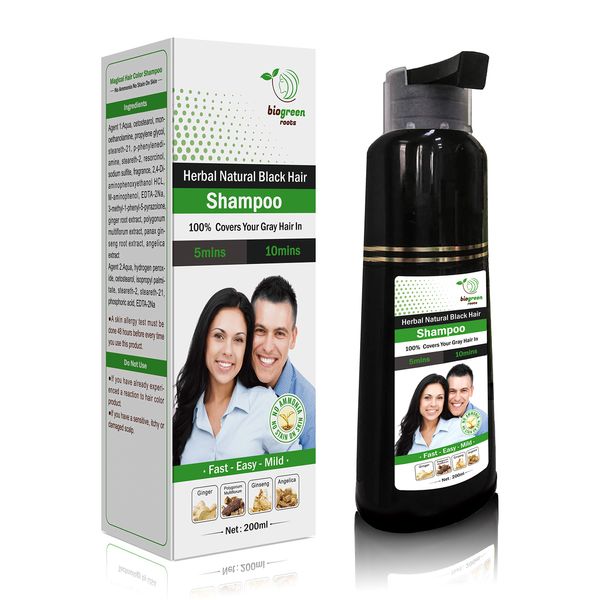 BIOGREEN ROOTS 200 ml Natural Black Hair Color Shampoo With Herbals - Black Shampoo for Grey Hair - Covers Gray Hair in 10 Minutes - Hair Coloring Shampoo for Women, Men, Adults, All Hair Types