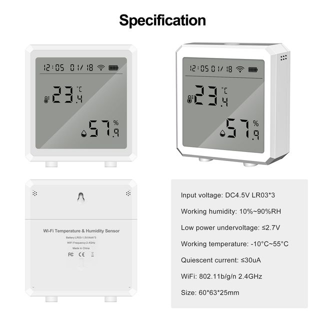 Smart Thermometer Hygrometer Wi-Fi Temperature Humidity Sensor Alexa Google  Home