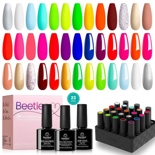 beetles Gel Polish Set 23Pcs Neon Collection with 3Pcs Base Gel Top Coat, Hot Pink Magenta Lemon Green Colors Gel Nail Polish Kit Soak Off UV Manicure Holiday Nail Art