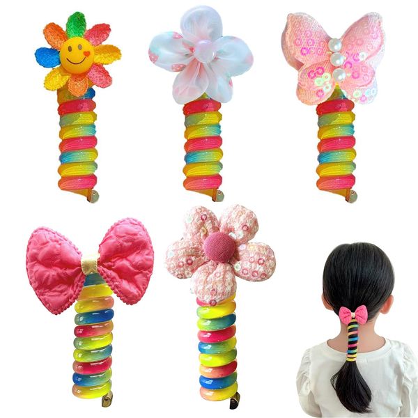 Kotkiddy® Bunte Telefondraht-Haarbänder für Kinder, Colorful Telephone Wire Hair Bands, elastisch Haarband, Spiral-Haargummis Pferdeschwanz-Zöpfe (5pcs B)