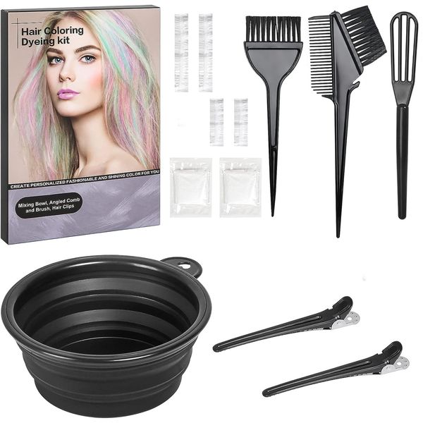 ROOHUA Hair Coloring Kit 12 Pcs Hair Dye Kit - Hair dye brush and bowl set,Hair agitator,Hair Clips and disposable gloves shower caps and ear muffs DIY Hair Coloring Tools