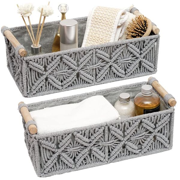 Macrame Storage Basket Boho Decor Baskets for Organizing Woven Decorative for Countertop Toilet Paper Basket for Tank Top for Home Decor Bedroom Nursery Livingroom Entryway (Set of 2,Grey)