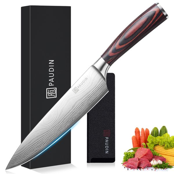 PAUDIN Gyu Knife, 7.9 inches (200 mm), Chef's Knife with Sheath, Double-edged, Left-Handed, 5Cr15Mov, High Carbon Stainless Steel, All-Purpose Knife, Rust Resistant, Long Sharp, Wooden Handle, Meat