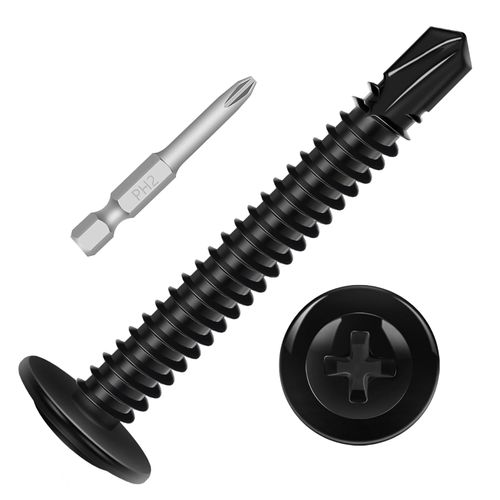 #8 x 1-1/2" (150 PCS) Black Fast Self Tapping Screws, Modified Truss Head Self Drilling Screw, Phillips Drive Sheet Metal Screws, Full Thread, Screwdriver Bit Included