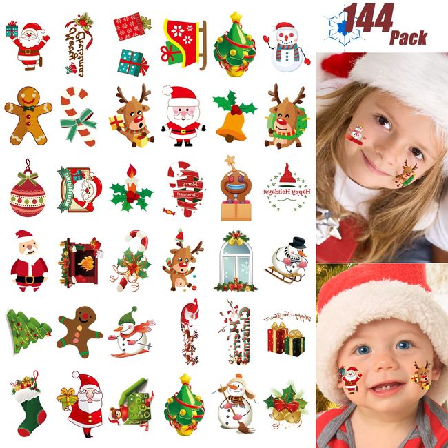 Christmas Temporary Tattoo for Kids Adult, 144 Pcs Assorted Cute Designs Stick Xmas Holiday Birthday Party Favors