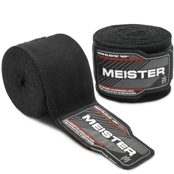 Meister MMA Adult 180" Semi-Elastic Hand Wraps for MMA & Boxing (Pair) - Black