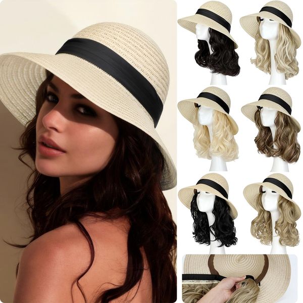 Qlenkay Straw Sun Hat with 10in Synthetic Hair Extension Short Wavy Curly Wig Wide Brim Women Adjustable Cap Detachable Hairpiece for Summer Travel Dark Brown