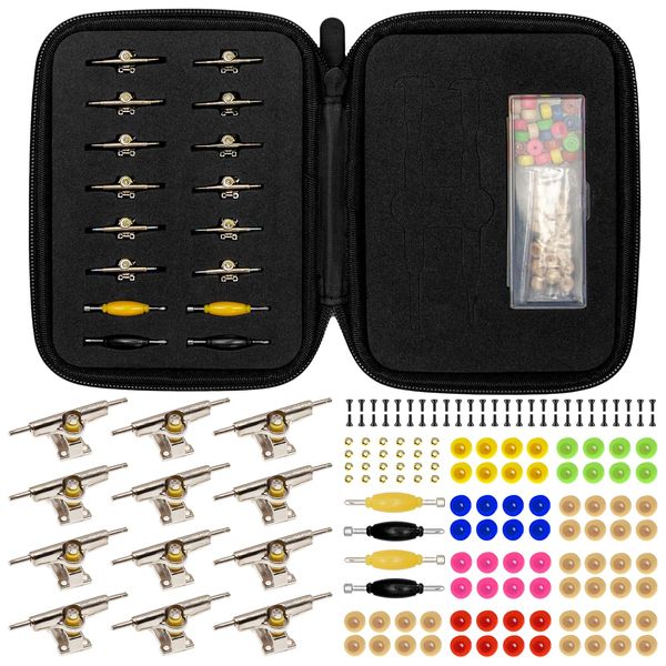 DisplayMore Fingerboard Repair Kit -Includes Case & Tools-Mini Finger Skateboard Parts Include 12 Brackets 48 Multicolour Wheels 52 Screws 24 Nuts 2 Screwdriver for 96mm (Trucks-30mm & Bag)