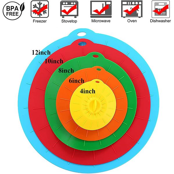 Silicone Lids Covers, 5-Pack Various Sizes Microwave Covers Heat Resistant Cooking Lids, for Bowls, Plate, Pots, Pans - StoveTop, Oven, Fridge and Freezer Safe