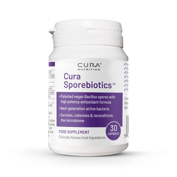 CURA Nutrition - Sporebiotics (30 Capsules) | Bacillus Spore Probiotic Supplements with Carotenoid Antioxidants, Spore Probiotics, Gut Health Supplement, Vegan, Vegetarian, Paleo & Keto Friendly