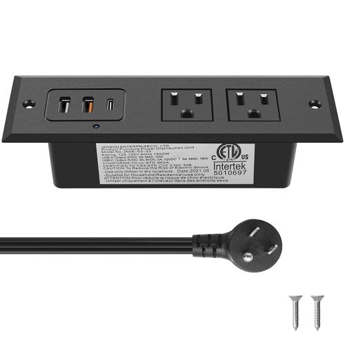 CCCEI Recessed Power Strip with 20W USB C Port, Fast Charging USB A Port Desk Outlet, Furniture Hidden Charging Station for Side Table, End Table, with 4FT 45 Degree Flat Plug Extension Cord, Black