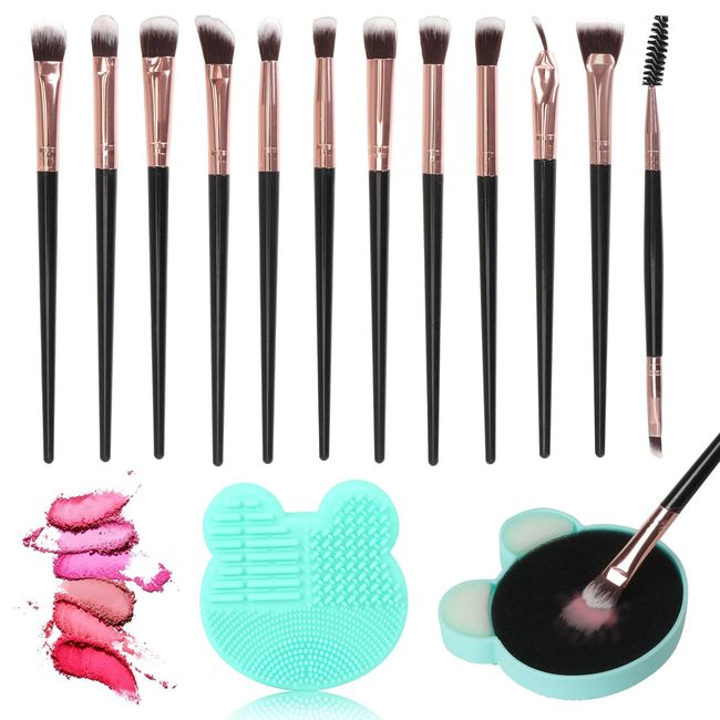 Unaone Make-up Pinselset 12 Stück,Augenpinsel Pinselset mit Pinsel Reinigungspade,Lidschatten Pinsel,Eye Makeup Brush,Pulver Lidschatten Blending Pinsel,Eyeliner Eyeshadow Lidschattenpinsel,Schwarz