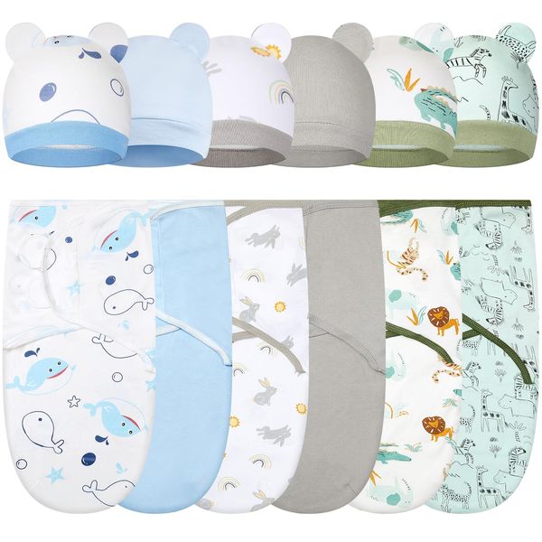 ramede 6 Pack Baby Swaddle Blanket with Hats Sleep Swaddle for 0-3 Months Newborn Sacks Soft Cotton Wearable for Baby Boy Girl Sleeping(Multicolor, Animal)