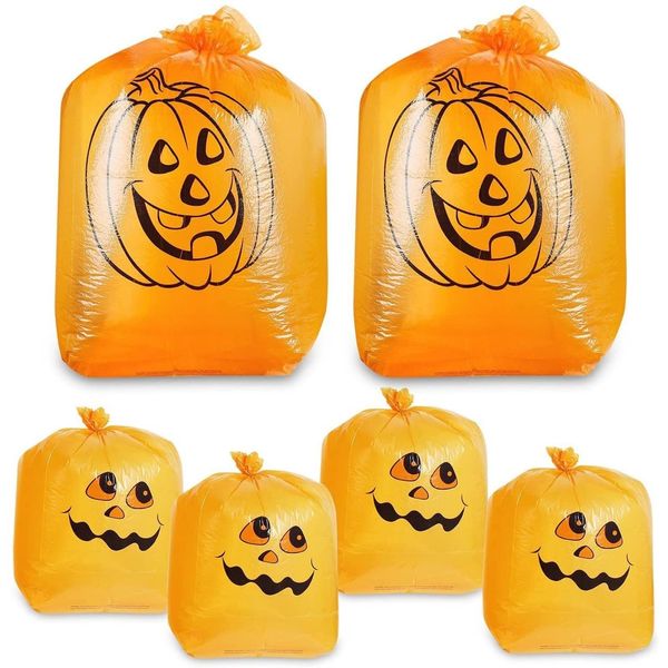 Juvale Pack of 6 Halloween Trash Bags, Small and Medium Sized Pumpkin Leaf Bags - The Perfect Fall Lawn Outdoor Decoration, Orange