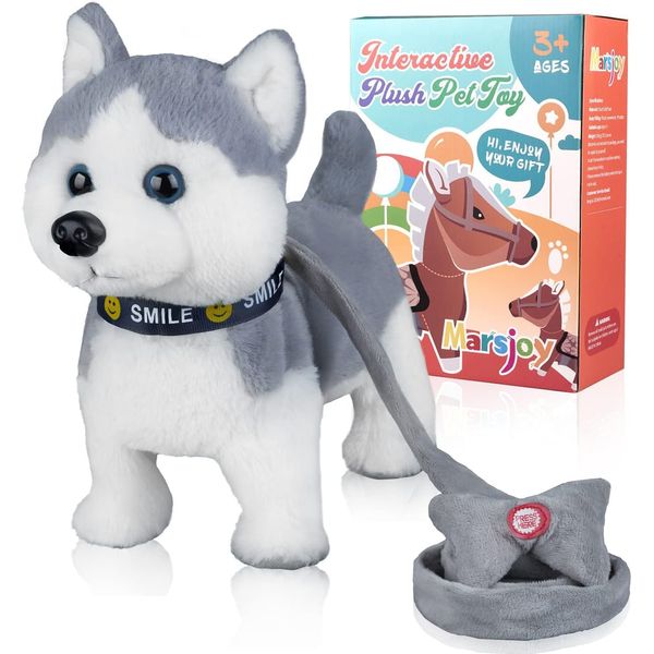 Marsjoy Husky Walking and Barking Puppy Dog Toy with Control Leash,Realistic Wagging Tail Robot Interactive Musical Dancing Animated Plush Stuffed Animal Electronic Pet for Kids Toddlers