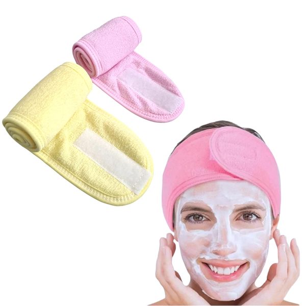 2 Pieces Towel Headband, Make Up Hair Band Head Bands Spa Facial Cosmetic Headbands for Women Beauty Sport Yoga Shower Wash Face,Terry Towelling Headband with Self-adhesive Tape (PINK - YELLOW)