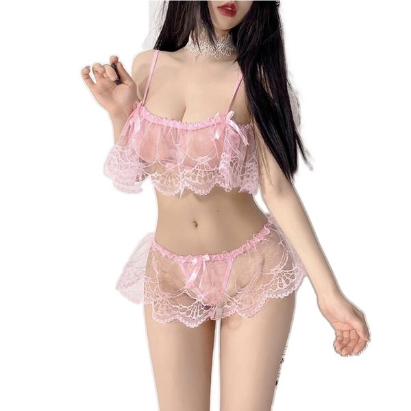 One Lady Sexy Sheer Bra and Thong Panties Set, Lace Bra and Panties, Women’s Underwear, See-Through Lingerie, 2-Piece Set, Free Size