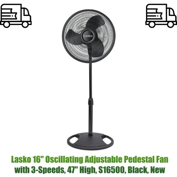 Lasko 16" Oscillating Adjustable Pedestal Fan with 3-Speeds, 47" High, S16500, B