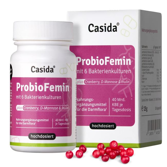 Casida® ProbioFemin Kapseln mit 6 Bakterienkulturen (40 Mrd KBE) plus Cranberry, D-Mannose & Inulin - Ideal für FRAUEN - Optimale Kombination für die weibliche Gesundheit - Aus der Apotheke - 30 Kps.