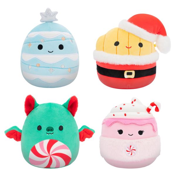 Squishmallows Original 5-Inch Holiday 4-Pack – Ethel Hot Chocolate, Floyd French Fries, Keiko Blue Christmas Tree, Ricardo Peppermint Bat – Official Jazwares Plush (Little)