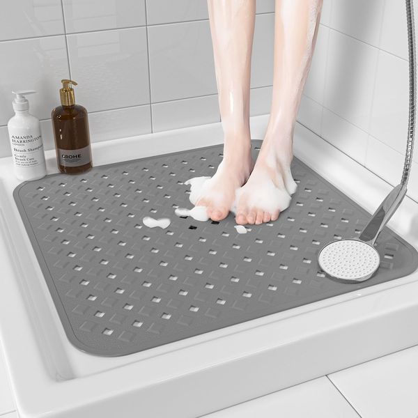 XIYUNTE Square Shower Mat Non Slip Anti Mould - 53 x 53cm Non Slip Shower Mats for Inside Shower, Anti Slip Shower Mat for Elderly, Shower Tray Mat with Suction Cups, Machine Washable, Grey