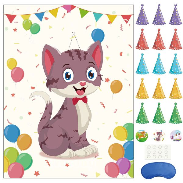 Morcheiong Pin The Tail on The Cat Birthday Party Game with 48 Hats, Cat Themed Birthday Party Favors Supplies Decorations for Kids