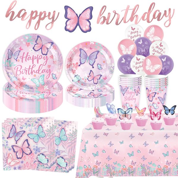 Butterfly Birthday Party Supplies Decorations Tableware Set Serves 25 Butterfly Disposable Paper Plates Napkins, Cups, Cake Toppers Tablecloth, Banner, and Balloons for Butterfly Decorations