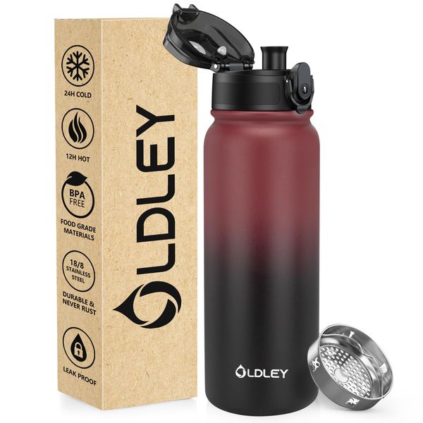 OLDLEY 600ml/20oz Stainless Steel Water Bottle Double Walled Vacuum Flask Keep Drink Hot and Cold Leakproof BPA Free 600ML Metal Insulated Water Bottle for Sport School Work Outdoor Hiking (Red Black)