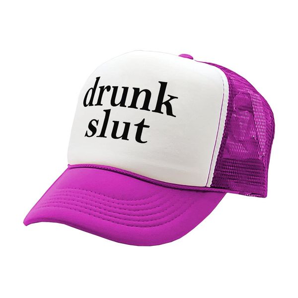 Drunk Slut - Party frat College Beer Drink - Vintage Retro Style Trucker Cap Hat (Neon Pink)