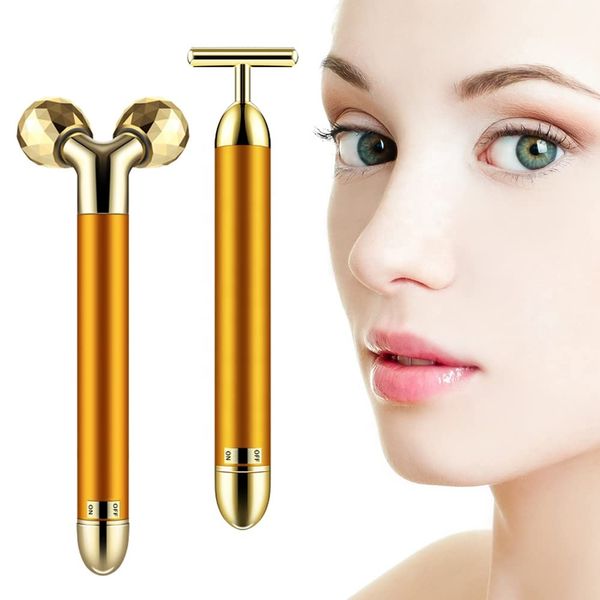 2 IN 1 Face Massager Roller Gold Facial Massager, Electric 3D Face Roller and T Shape Arm Eye Nose Head Massager Instant Face Lift Anti Wrinkles, 19.2X9.8X4.2 cm