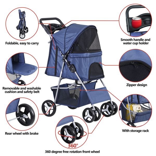 Folding Dog Stroller Travel Carrier Small Medium Cat Pet w/ Cup Holder Navy Blue