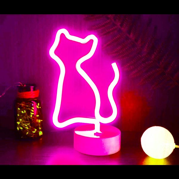 YIVIYAR LED Neon Sign Cat Neon Light, Cat Gift Cat Decor Pink Cat Lights USB/Battery Powered Cat Gifts for Girls Decor Girls Bedroom Decorations with Base Wedding Decorations Girl Room Decor