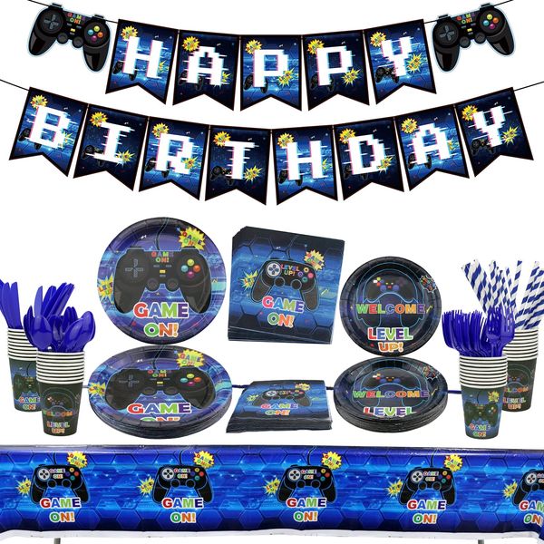 Video Game Party Supplies - Gamer Birthday Decoration Kit for Boys, Including HAPPY BIRTHDAY Banner, Plates, Cups, Napkins, Tableware, Tablecloths, for Kid Birthday Decoration - Serves 20