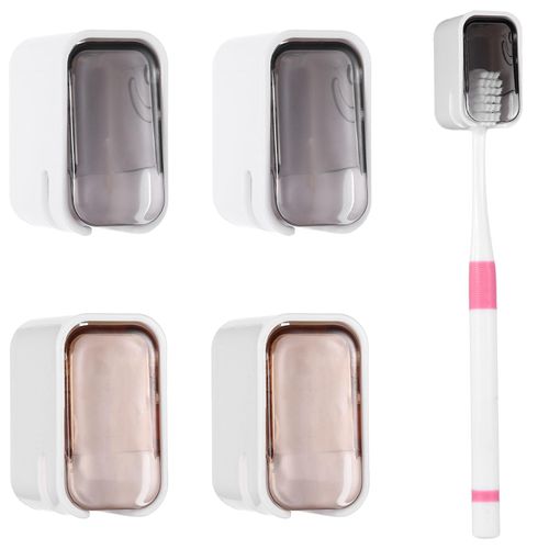 4PCS Electric Toothbrush Holder for Bathrooms, Wall Mounted Electric Toothbrush Holders with Cover, Space-Saving Dust-Proof Tooth Brush Storage Organizer for Bathroom Shower Travel Family(Grey Brown)
