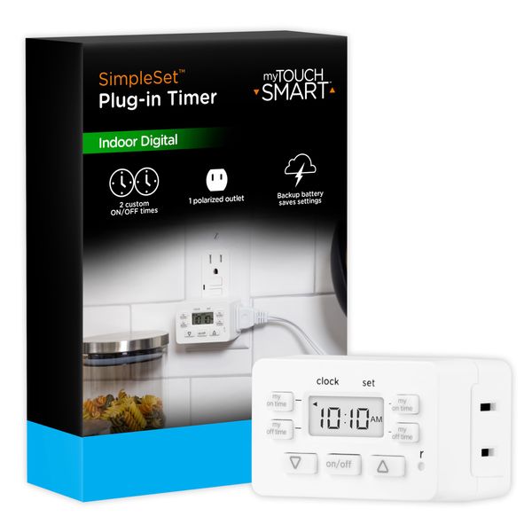 myTouchSmart Digital Bar Outlet Timer, 1-Polarized Timer Outlet, 4 Programmable ON/OFF Cycles Plug Timer, 125VAC Light Timer Indoor, Lamp Timer, Timers For Electrical Outlets, White, 1 Pack, 36253