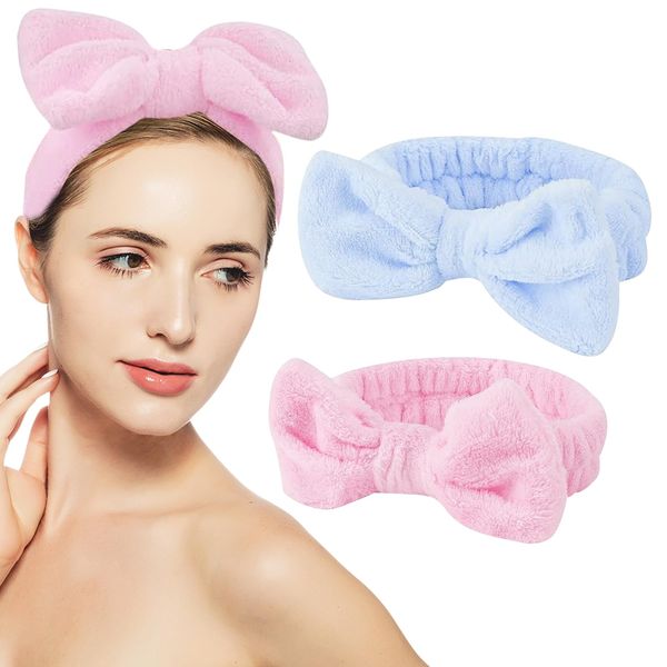 BLMHTWO 2PCS Washing Face Headband, Lovely Bow Hair Band Fluffy Soft Makeup Headband Adjustable Elastic Skincare Head Wrap for Women Girls Shower Washing Face SPA(Blue, Pink)